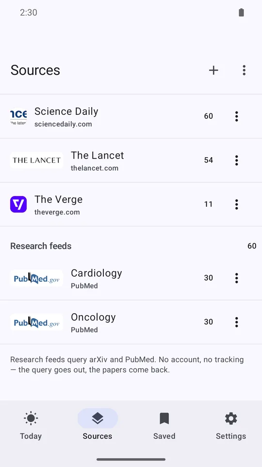 Screenshot: Research feeds